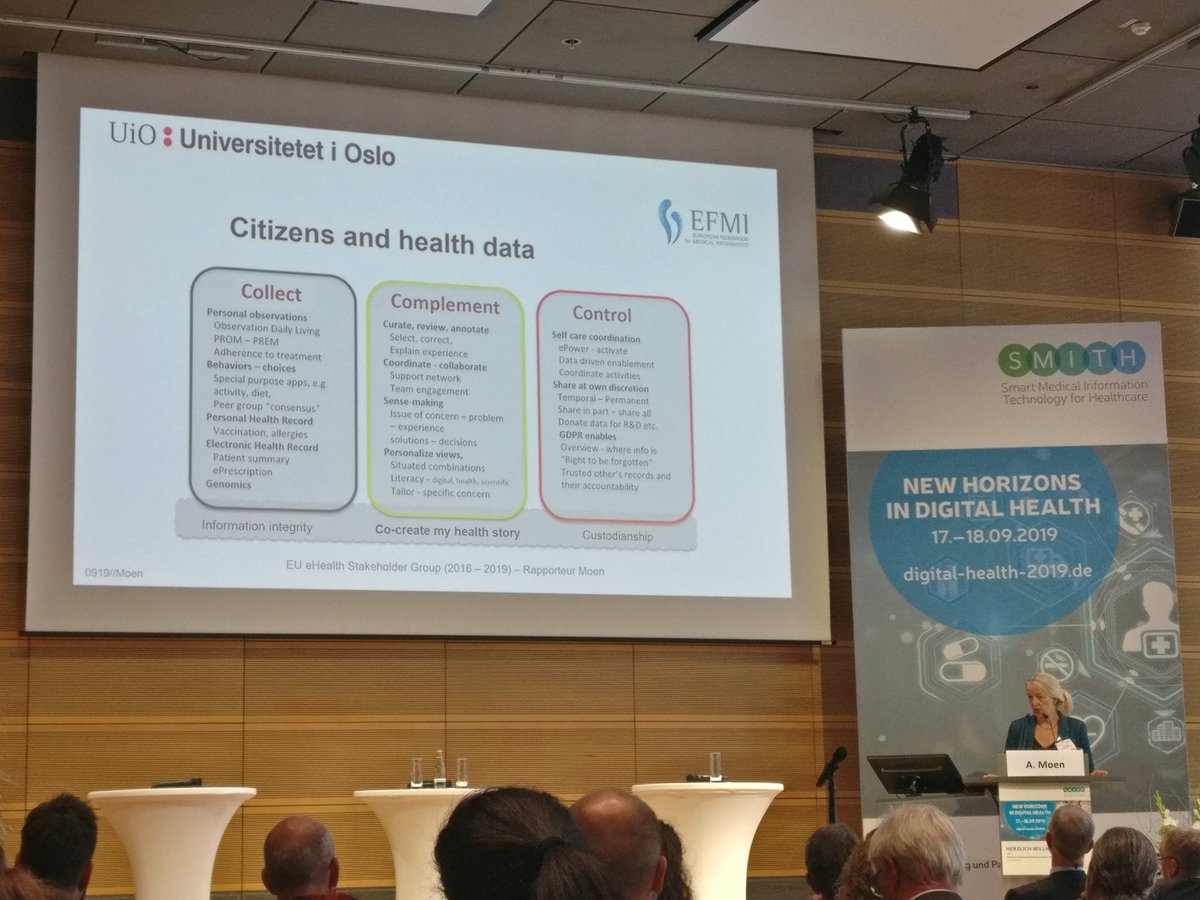 Citizen should be empowered to collect, complement and control their health data. <a href="/annemoen_oslo/">Anne Moen</a> emphasize the lack of support (tools, services) to engage digital health interoperability and analytics in the #SMITH Congress in Berlin