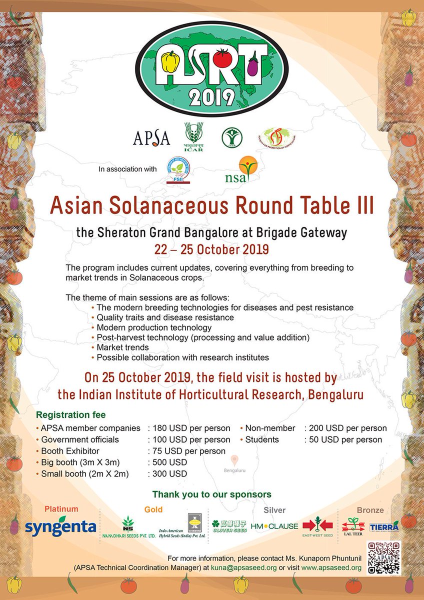 apsaseed's tweet photo. Looking fwd to #ASRT3 in #Bangalore next month to indulge in the latest in Asian #solanum &amp; #capsicum breeding, research &amp; trade with @Syngenta @ICAR_IIHR @sphindia @SeedFederation @NSAIndia https://t.co/dcYF1WMTEC