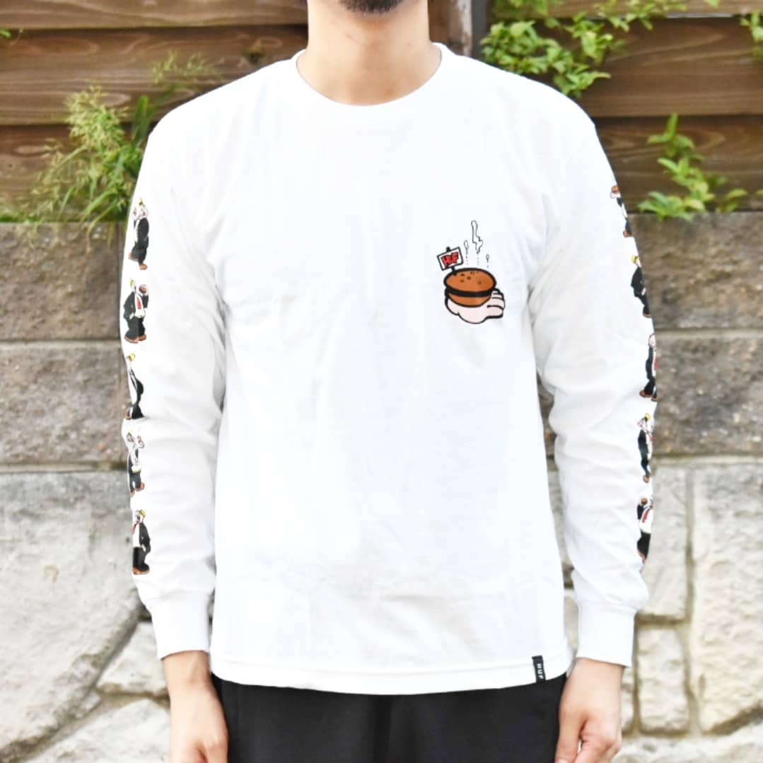 Rinceaux Huf から人気コラボ商品ポパイ バーガーを手にキャラの表情が異なった様子を袖ロゴプリントされた商品です 着用画像のサイズはxsと国内未発売サイズで細身男性や女性にオススメです Huf ハフ スケートアパレル 国内未発売 アメコミ