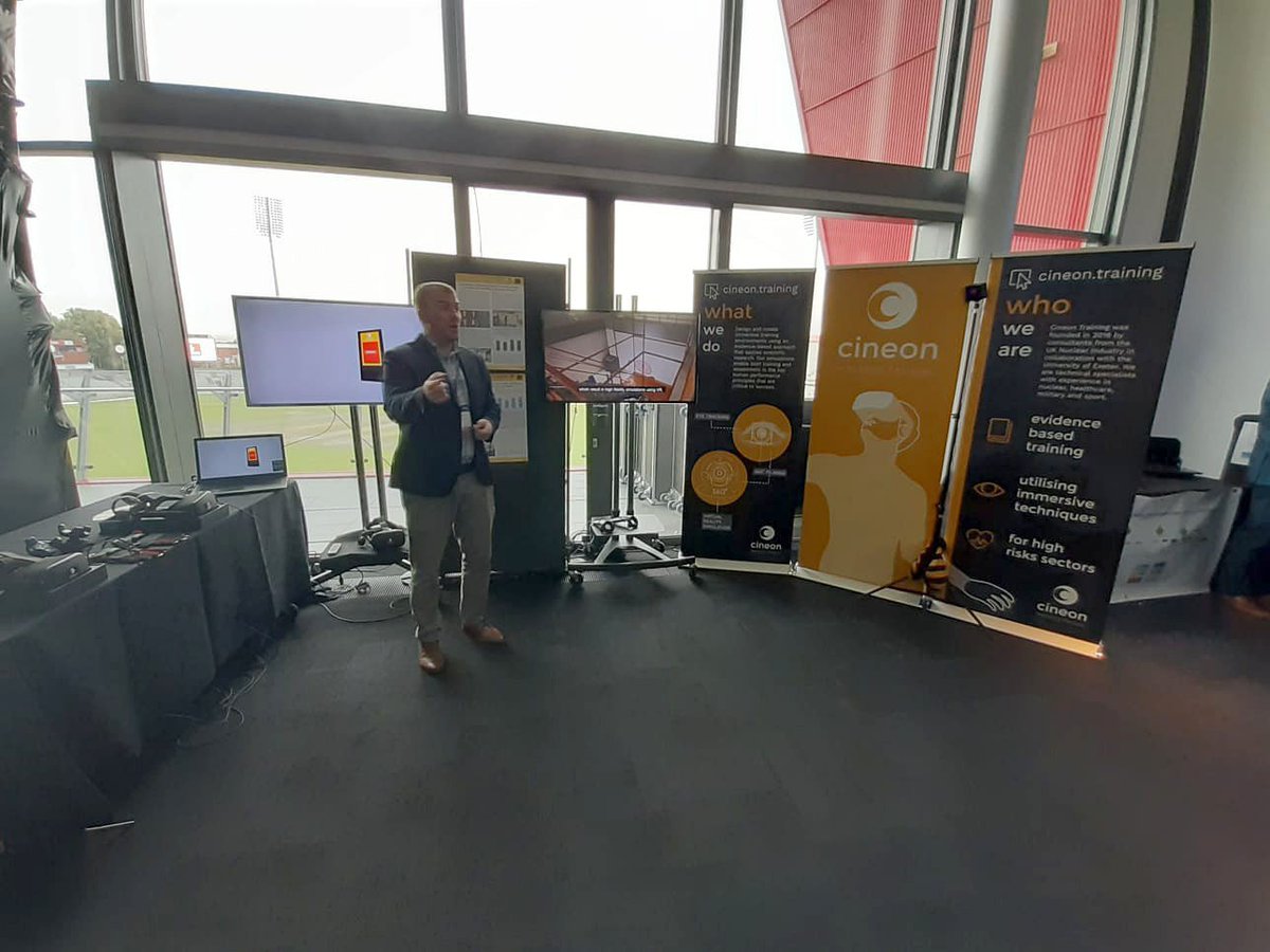 CineonAI's tweet photo. Today we are at the @NDAgovuk Safety and Well-being Awards showcasing the #VR safety simulation work we have completed for @SellafieldLtd and @magnoxsites ...not a bad view of the cricket either! #NDAsafety19 #DecommSafety https://t.co/G17mPL1EC7