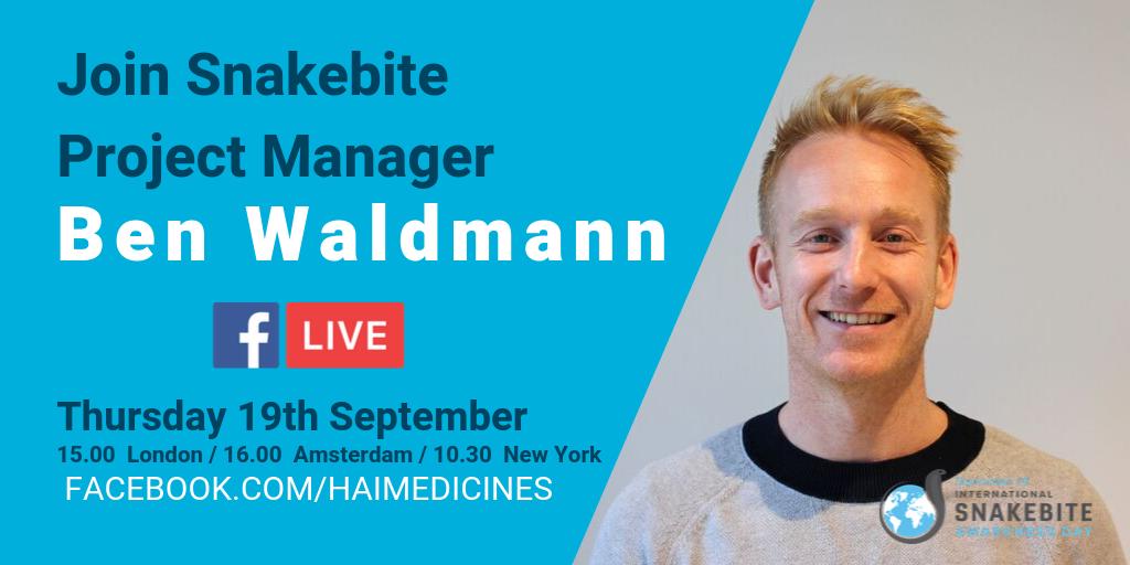 HAImedicines's tweet photo. Thursday 19 September is International #SnakebiteAwarenessDay! HAI's Snakebite Project Manager @BenWaldmann will join a global #FacebookLive relay on the work being done to #fightsnakebite worldwide. Join Ben at https://t.co/pKigDLRYaK from 4pm CEST (3pm UK time) tomorrow. https://t.co/YRZSW4MNiZ