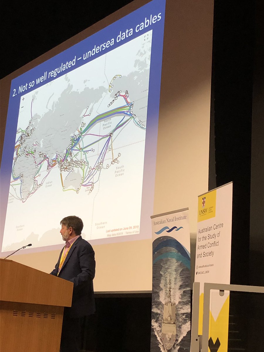ACSACS_UNSW's tweet photo. Prof Rob McLaughlin raises another key vulnerability often overlooked in security planning: undersea cables #GoldrickSeminar @AusNavInst https://t.co/eBpAsmHjNa