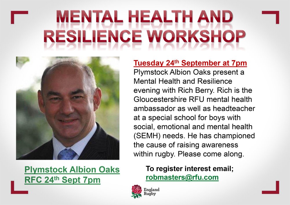 There's still a few places left on the mental health and resilience workshop which will be held at Plymstock on Tuesday. Details here devonrfu.com/news?nid=1122