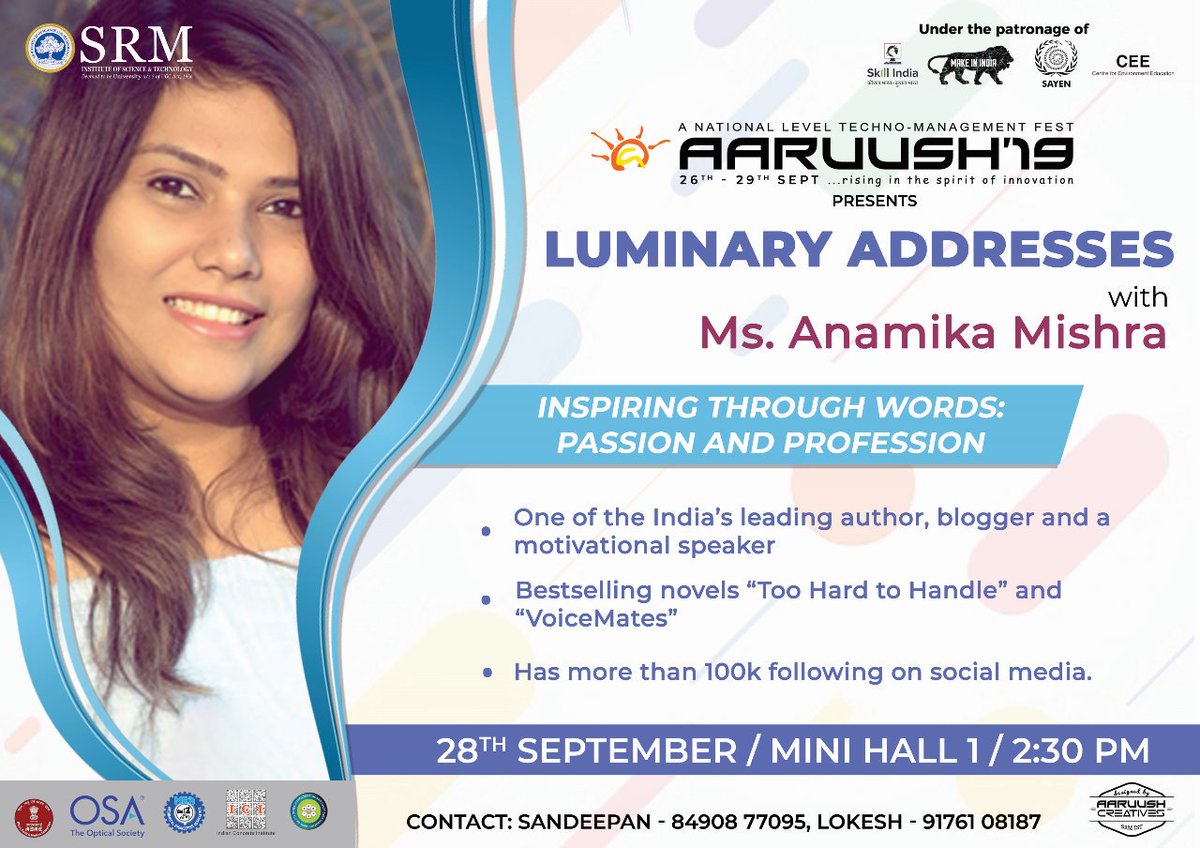 aaruushsrmist's tweet photo. Aaruush proudly present to you Ms Anamika Mishra(@anamikawrites)a leading Indian author and motivational speaker, for the Luminary Addresses to shed light on "Inspiring through Words : Passion and Profession" 
#Aaruush19 #srmist #author #blogger #motivationalspeaker #bestseller https://t.co/laOhaLcELN