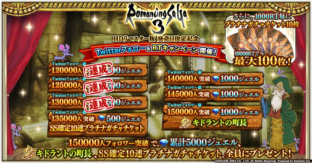 ロマンシング サガ リ ユニバース公式 Twitter ನಲ ಲ フォロワー数突破 rtを達成 さらに キャンペーンツイートのrt数が目標を大きく超えましたので 追加で報酬をプレゼント 1500ジュエルとプラチナガチャチケット 0をプレゼントいたしました ロマンシング サガ リ ユニバース公式 Twitter ನಲ ಲ フォロワー数突破 rtを達成 さらに キャンペーンツイートのrt数が目標を大きく超えましたので 追加で報酬をプレゼント 1500ジュエルとプラチナガチャチケット 0をプレゼントいたしました