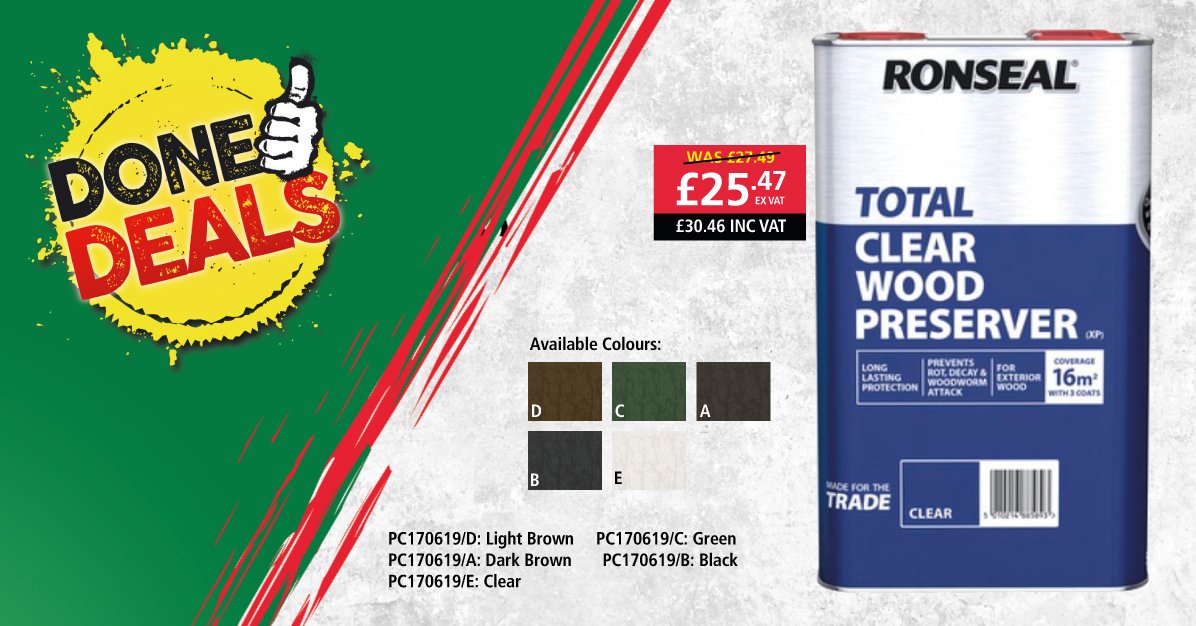 Huws_Gray's tweet image. Have you seen the latest Done Deals?

Great offers like this Ronseal Trade Total Wood Preserver 5ltr for only £25.47 ex VAT!

Visit your local Huws Gray branch for more details.

#DoneDeals #Ronseal #HuwsGray