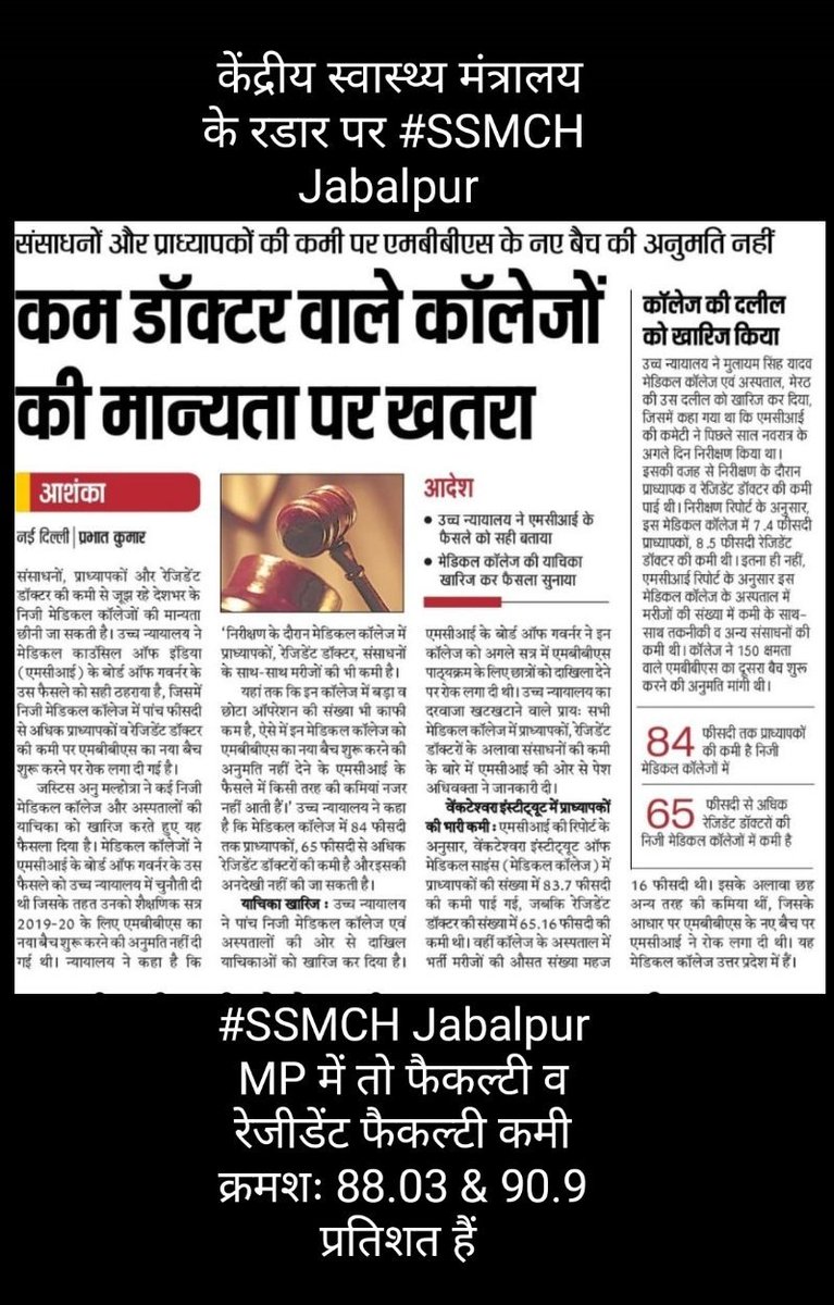 ArunKumarVyas9's tweet photo. 148 मेडिकल स्टुडेंट को प्रताड़ित करने वाले MCI मान्यता विहिन #SSMCH Jabalpur को रहमदिल राज्य सरकार ने तबियत से निपटाया, अब गेंद केन्द्र के पाले में, उम्मीद की जाना चाहिए कि केंद्र बच्चों के भविष्यगत तुरंत फैसला लेगा @drharshvardhan @OfficeOfKNath @Drvijyalakshmi @FordaIndia https://t.co/MRCsEfG9sF