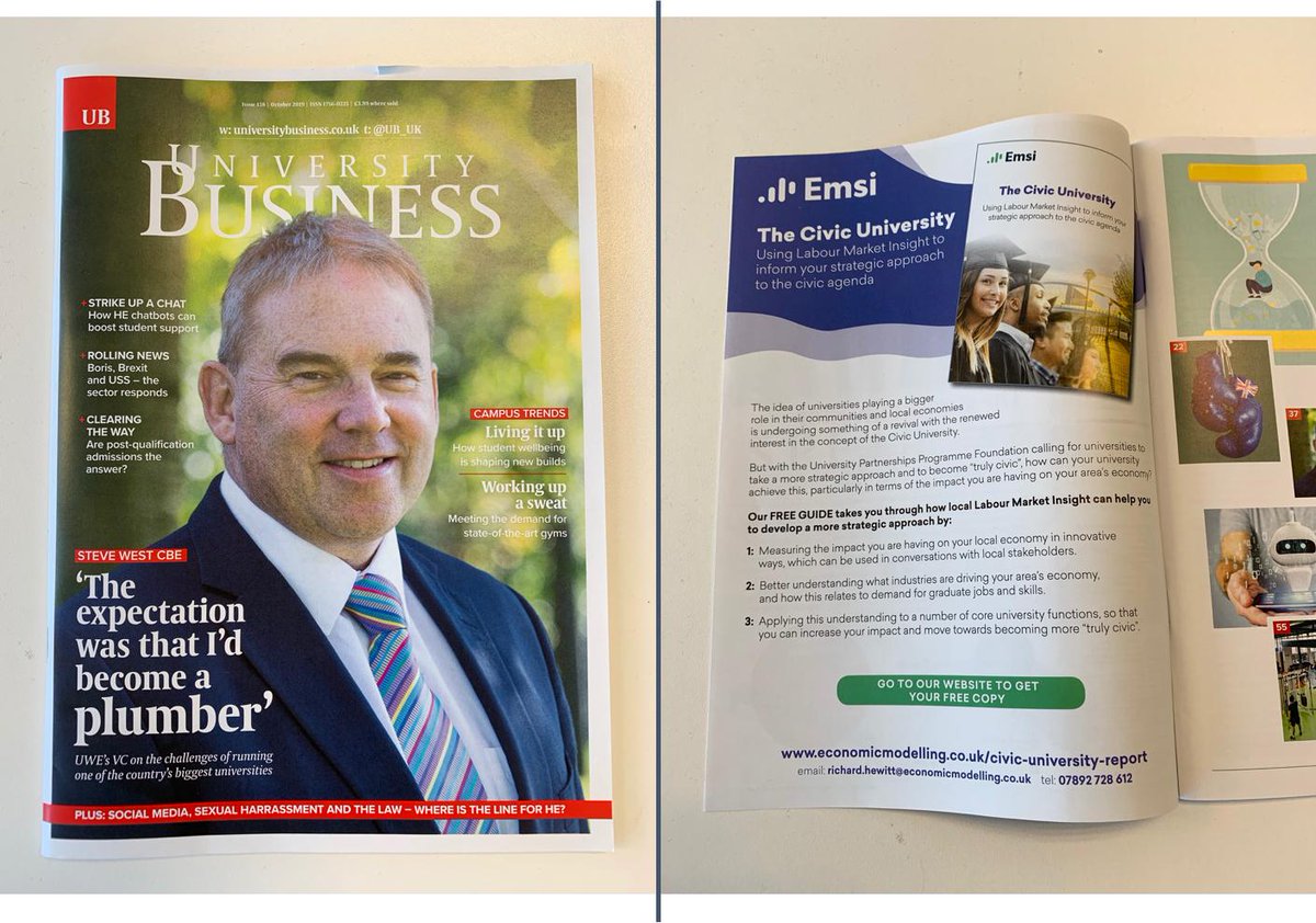 The October edition of University Business arrived in the @EMSI_UK office today, carrying an ad launching our new campaign exploring how localised labour market insight should underpin the Civic University agenda. Interested to find out more? Contact <a href="/rikhewitt/">Richard Hewitt</a> !