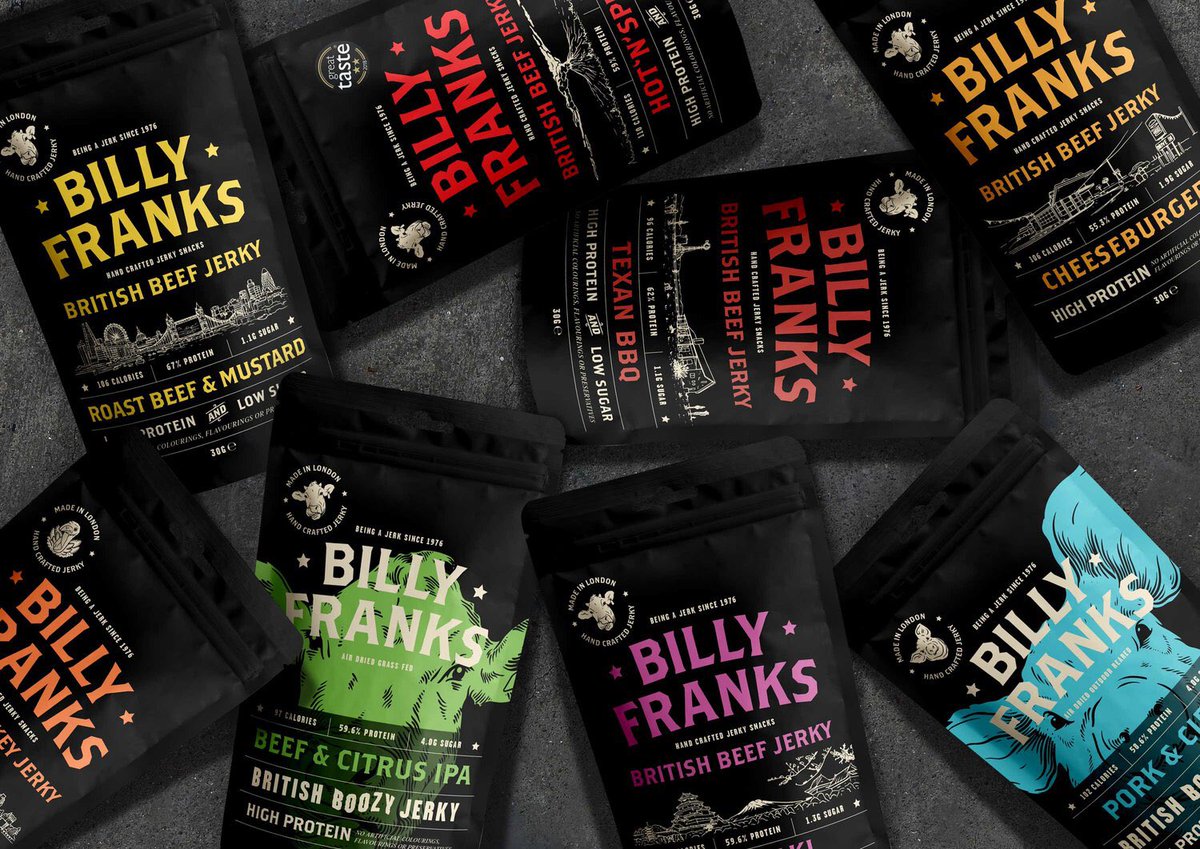 BillyFranksCoUk's tweet photo. And we kept 6 of our original classic flavours with a new facelift 😃🤘 and that completes our full range of 9 all natural hand crafted jerky snacks #beachStudio #madeInLondon Just Jerky Done Right! #originateNotImitate https://t.co/jxM1Qz5oxt