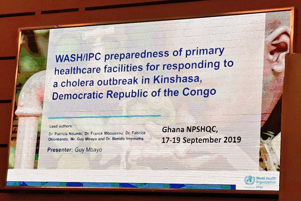 ninodal2013's tweet image. Guy Mbayo @WHOAFRO presentation on #WASHforHealth #R2RWASHinHCF #InfectionPrevention preparedness of #PHC primary health care facilities for responding to a cholera outbreak in #Kinshasa #DRC