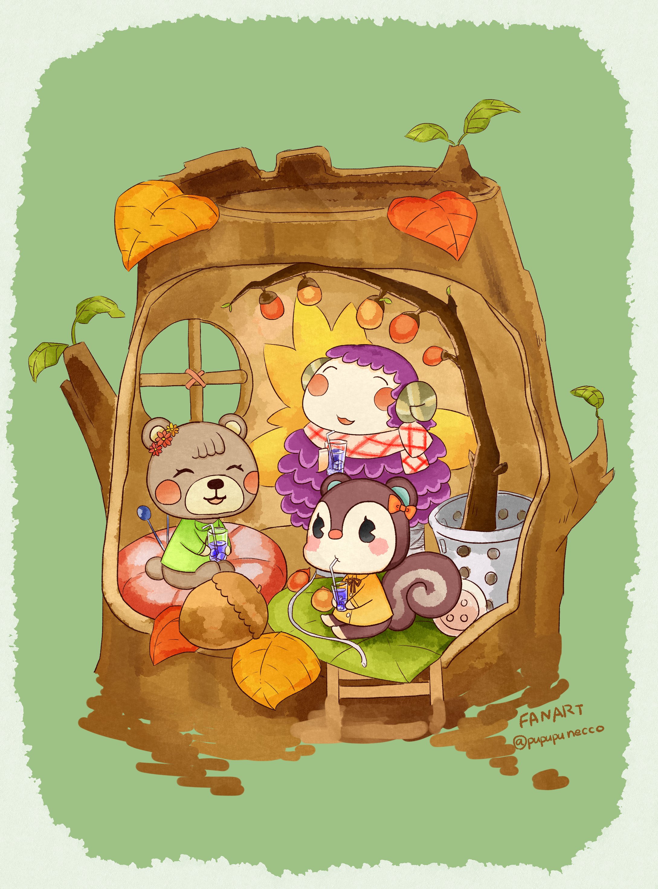 木野ねっこ 絵を描く人 切り株の秘密基地で女子会してる メープルとアクリルとグミちゃん ポケ森 イラスト T Co Trkfifexrw Twitter
