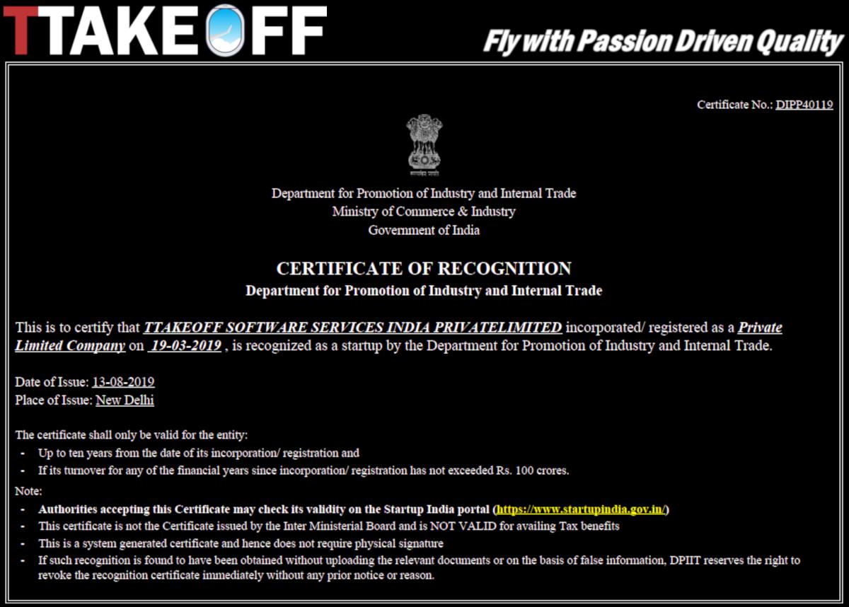 TTakeoff2's tweet photo. We are recognized by Startup India, a Government of India Initiative!

#TTakeoff #traveltechnology #startup #startupIndia #aviation #airlines https://t.co/YZrLeDVp3x