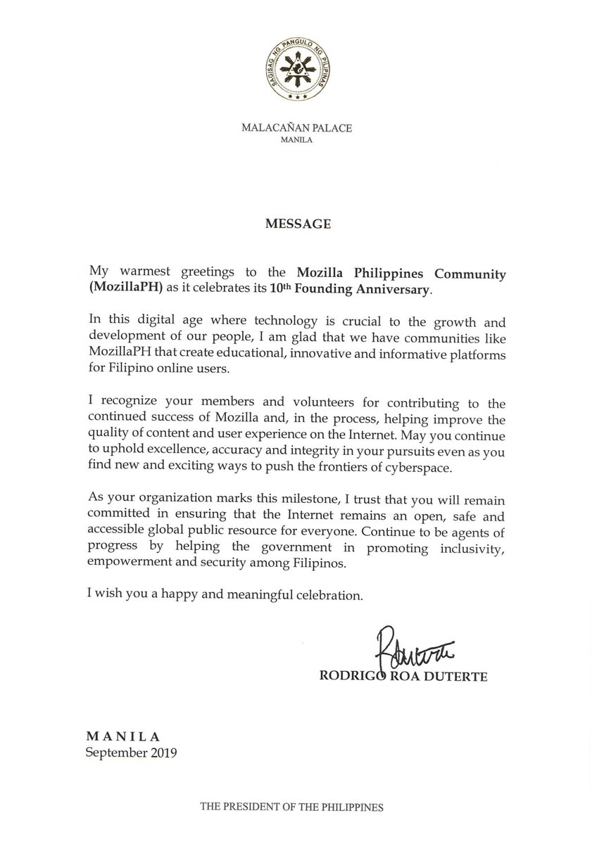 MozillaPH's tweet photo. His Excellency Rodrigo Roa Duterte, President of the Republic of the Philippines sends his message to all Pinoy Mozillians on the occasion of MozillaPH's 10th Founding Anniversary today. Mabuhay! #MozillaPH #MozillaPH10 https://t.co/2uW1vSmNJh