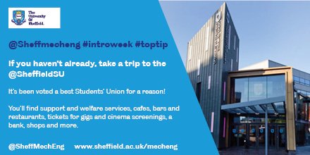 SheffMechEng's tweet image. @SheffMechEng #introweek #toptip If you haven’t already, take a trip to the @SheffieldSU – it’s been voted a best Students’ Union for a reason! Here you’ll find support services, cafes and restaurants, tickets for gigs and cinema screenings, a bank, shops and more