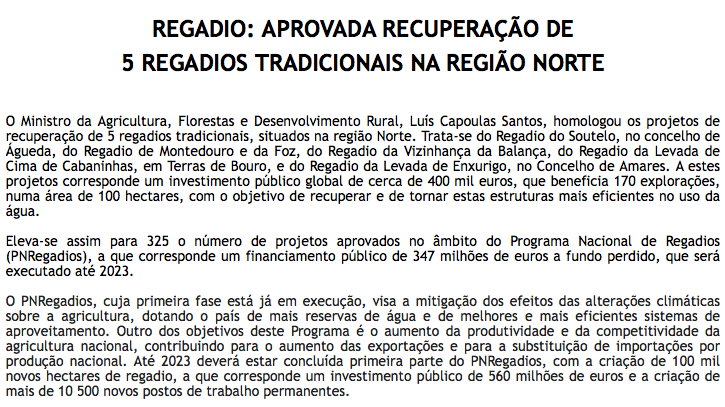 agricultura_pt's tweet photo. Regadio: Aprovada recuperação de 5 regadios tradicionais na região Norte 

#Regadio #Norte #MAFDR #regadiotradicional #Soutelo #Montedouro #Foz #VizinhançadaBalança #LevadadeCimadeCabaninhas #LevadadeEnxurigo #PNRegadios #DGADR #agricultura https://t.co/jiicHmWIyy