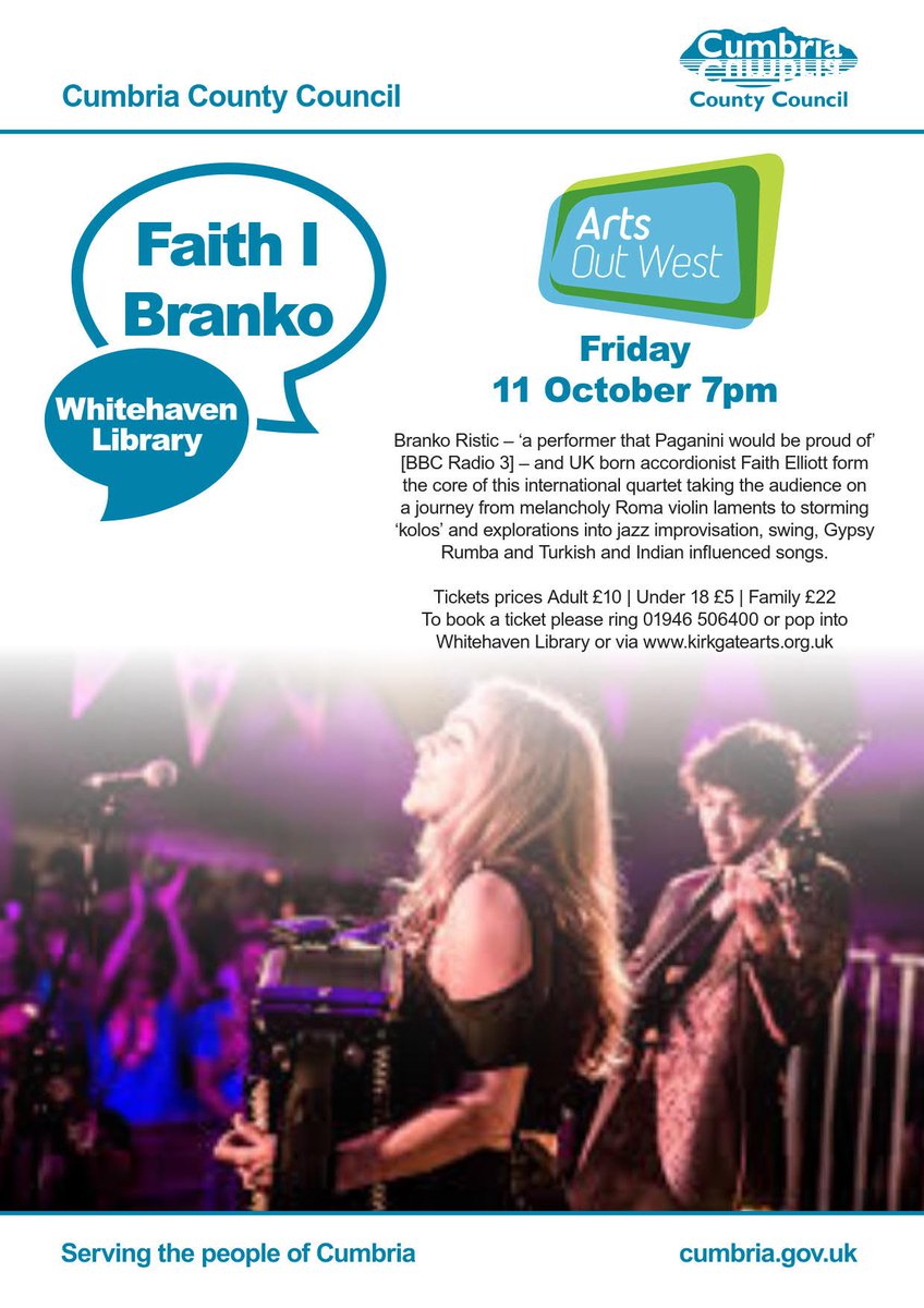 Cumblibraries's tweet photo. Wow! A music concert not to miss out on as #WhitehavenLibrary welcomes @faithibranko for a concert on 11 October as part of the Arts Out West programme. It'll be lively! Book now at the library or online at https://t.co/MAglXRHFj6  @KirkgateArts @faithibranko #Whitehaven https://t.co/jIa97TQ85o
