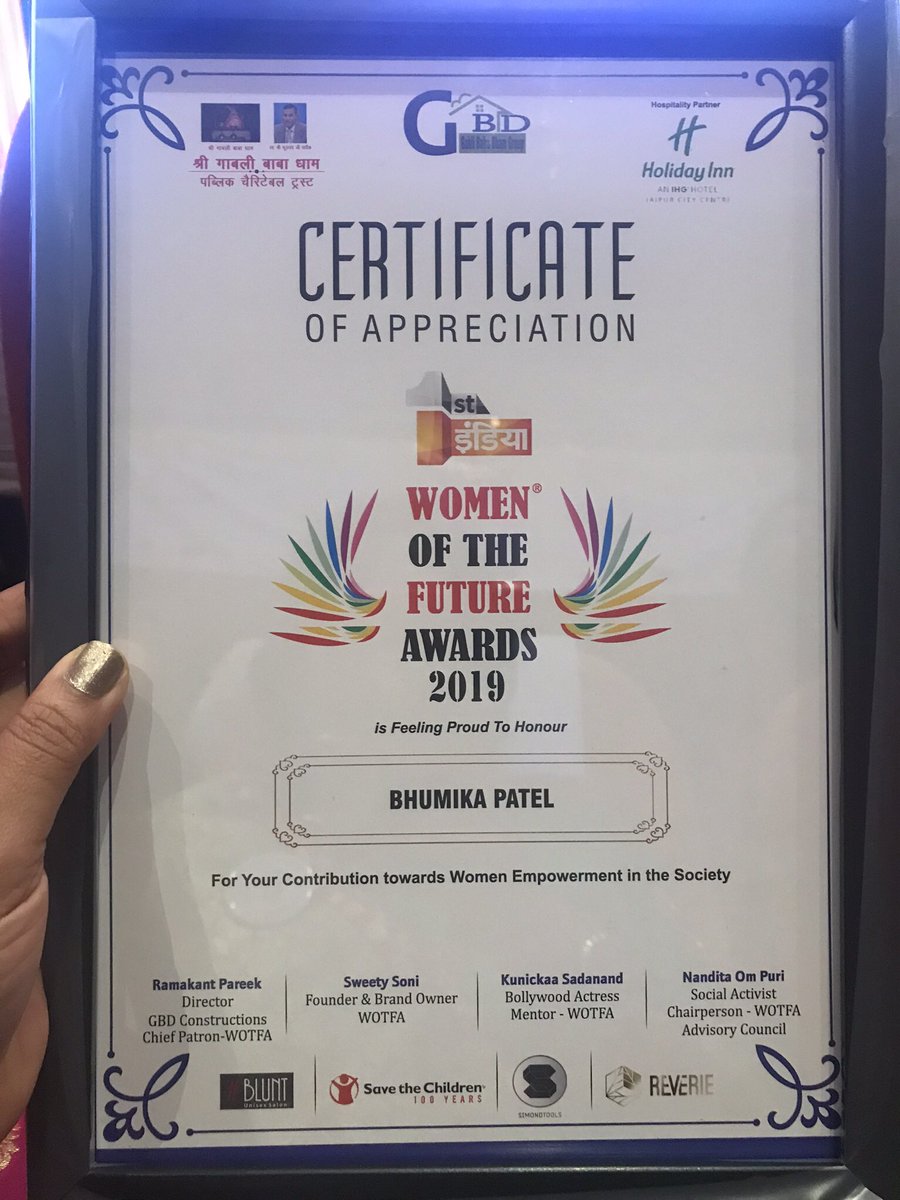 bhumikarunner's tweet photo. Glad to have received this prestigious #WomenOfTheFuture Award 2019 from over 550 nominations globally. #WOTFA https://t.co/kWCaMomwg7