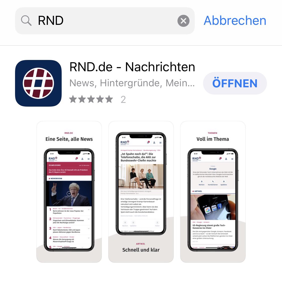Jetzt gibt's RND.de auch als App im Store. Für iOs und Android. hier: apps.apple.com/de/app/id14646… und hier: play.google.com/store/apps/det…