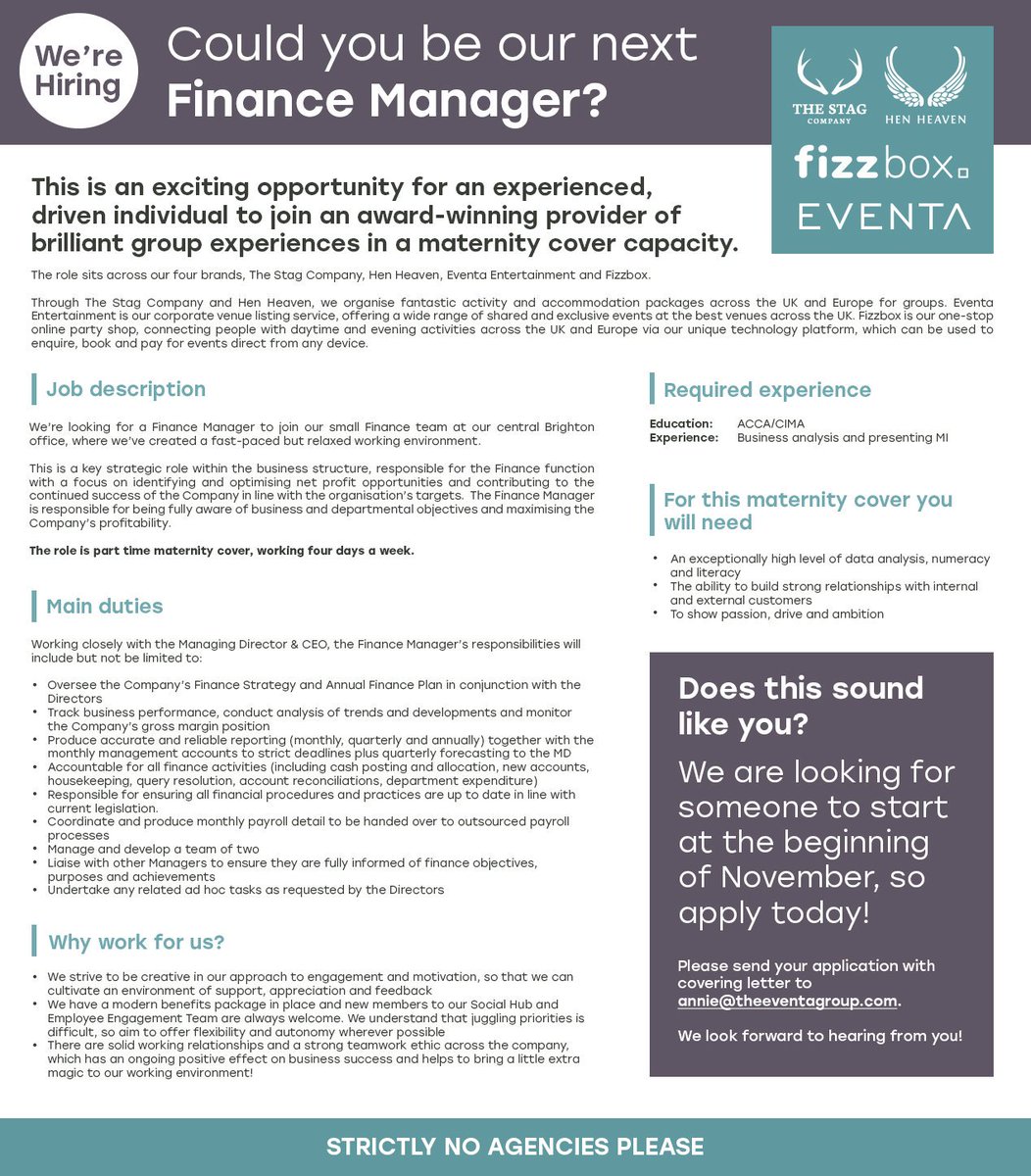 We're hiring! Think you could be our next finance manager? Apply today! #hiring #job #financemanager #Brighton