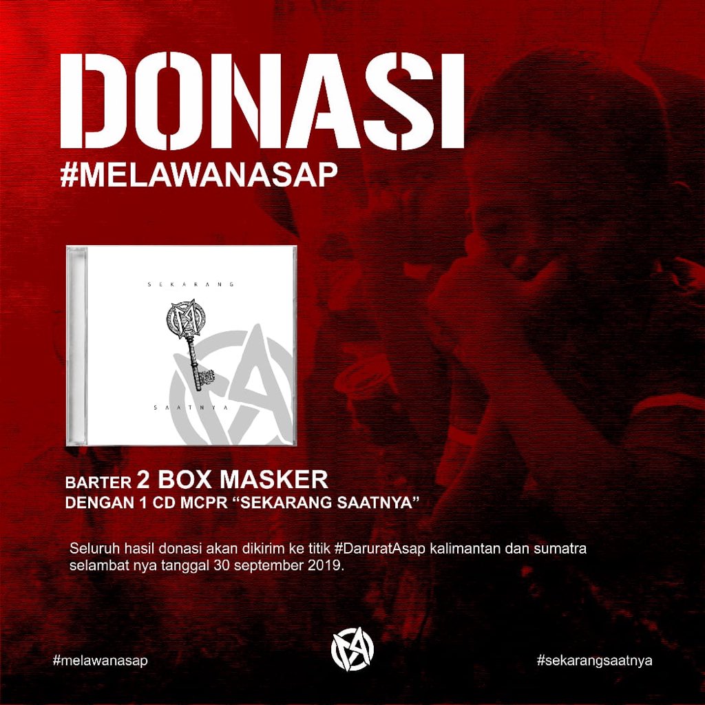 MCPR_official's tweet photo. DONASI #melawanasap, mengajak    kamu perduli &amp; berdonasi untuk saudara kita di titik #daruratasap: Sumatera &amp; Kalimantan, yang menghadapi musibah KARHUTLA 🔥 caranya, bisa menukarkan 2 box masker dengan 1 CD album terbaru MCPR #sekarangsaatnya (1) https://t.co/ml7zqVYBU8