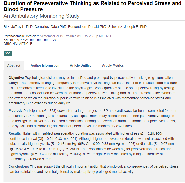 Long bouts of brooding about the past or fretting about the future can make us feel more stressed, which can lead to higher blood pressure, says a new study from <a href="/CBCH_Columbia/">CBCH</a>  funded by <a href="/nih_nhlbi/">NIH NHLBI</a> doi.org/10.1097/PSY.00… @connectAPS #cardiovascular