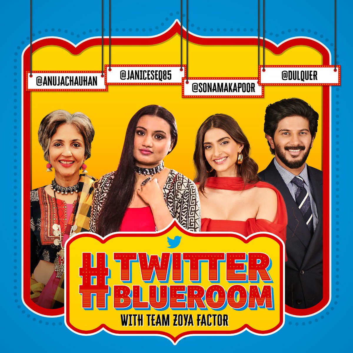 It’ll be raining lady luck tomorrow at @TwitterIndia #BlueRoom! Catch me in a quirky conversation <a href="/janiceseq85/">Janice Sequeira</a>! Joining me would be <a href="/dulQuer/">Dulquer Salmaan</a> and <a href="/anujachauhan/">anuja chauhan</a>. Become a part of this conversation by sending in your questions using #AskTeamZoyaFactor.