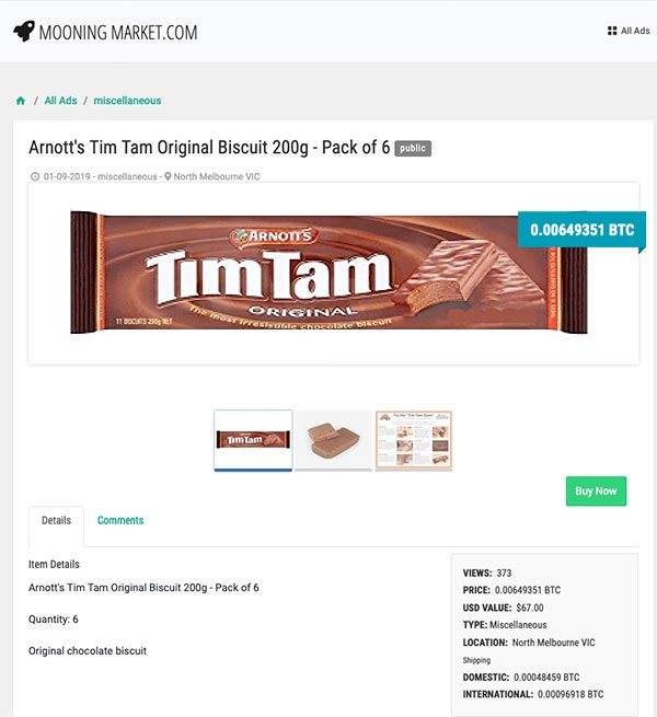 Tim Tams are first purchase on new Bitcoin-only marketplace site Mooningmarket.com <a href="/ArnottsBikkies/">Arnott's Biscuits</a> uk.advfn.com/stock-market/l… #Bitcoin #Cryptocurrency #OBC