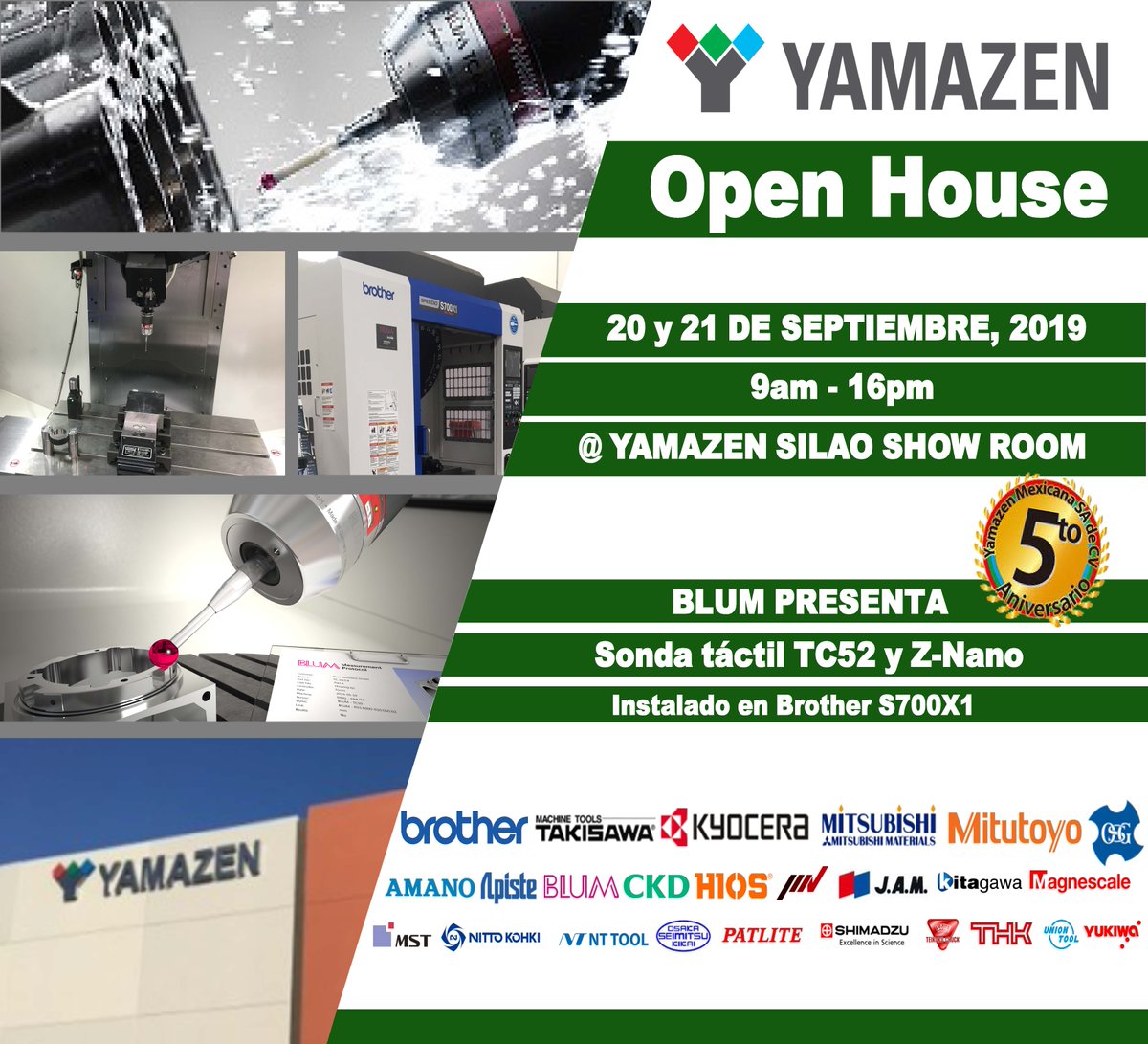 Blum_Novotest's tweet image. Congrats to Yamazen Mexicana SA de CV! #Blum is pleased to participate in the 5-year anniversary celebration this week: September 20th &amp;amp; 21st in Guanajuato, Mexico ~ showcasing the TC52 #touchprobe &amp;amp; Z-Nano #toolsetter, both installed on a #BROTHER S700X1. hubs.ly/H0kMFH70