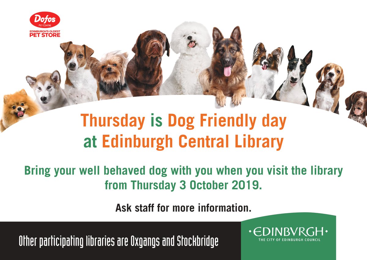 Thursdays will be #dogfriendly day from the 3rd Oct along with our friends at Stockbridge and Oxgangs libraries. So don't tie your dog up outside - come on in! Thanks to <a href="/dofospetcentre/">Dofos Pet Centre & Dog Grooming</a> for helping out with doggy treats and water bowls.
