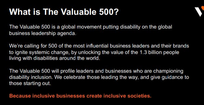 RaghavanShanti's tweet photo. Valuable 500 is a global movement putting disability on the business leadership agenda. 

We are calling for 500 of the most influential business leaders and their brands to ignite systemic change, by unlocking the value of 1.3 billion ppl with disabilities globally https://t.co/FkettRSoHY