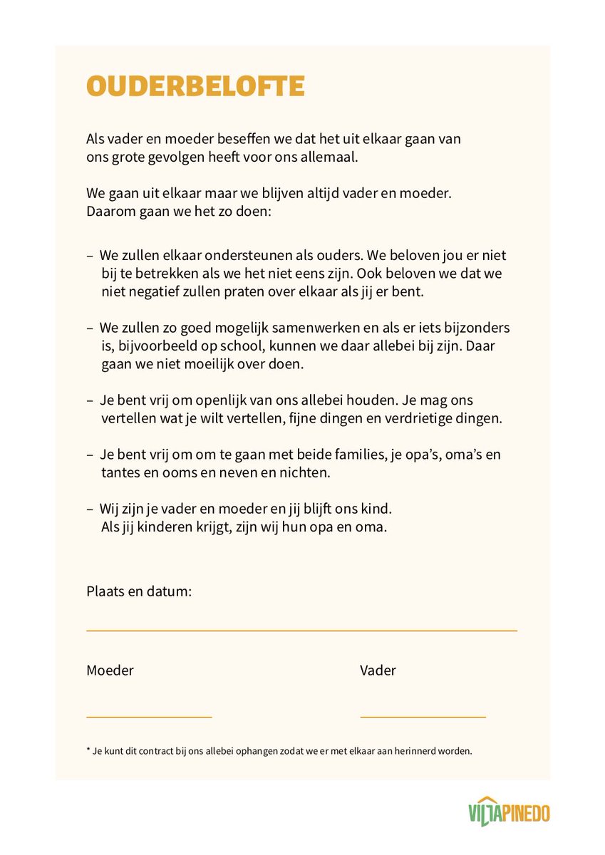 Je kunt samen met de andere ouder van je kind een ouderbelofte ondertekenen. Hierin spreek je met elkaar af dat je als ouders, samen ouders blijft. Het is een soort statement dat je maakt, een inspanningsverplichting voor de toekomst. We hebben er alvast eentje voor je opgesteld.