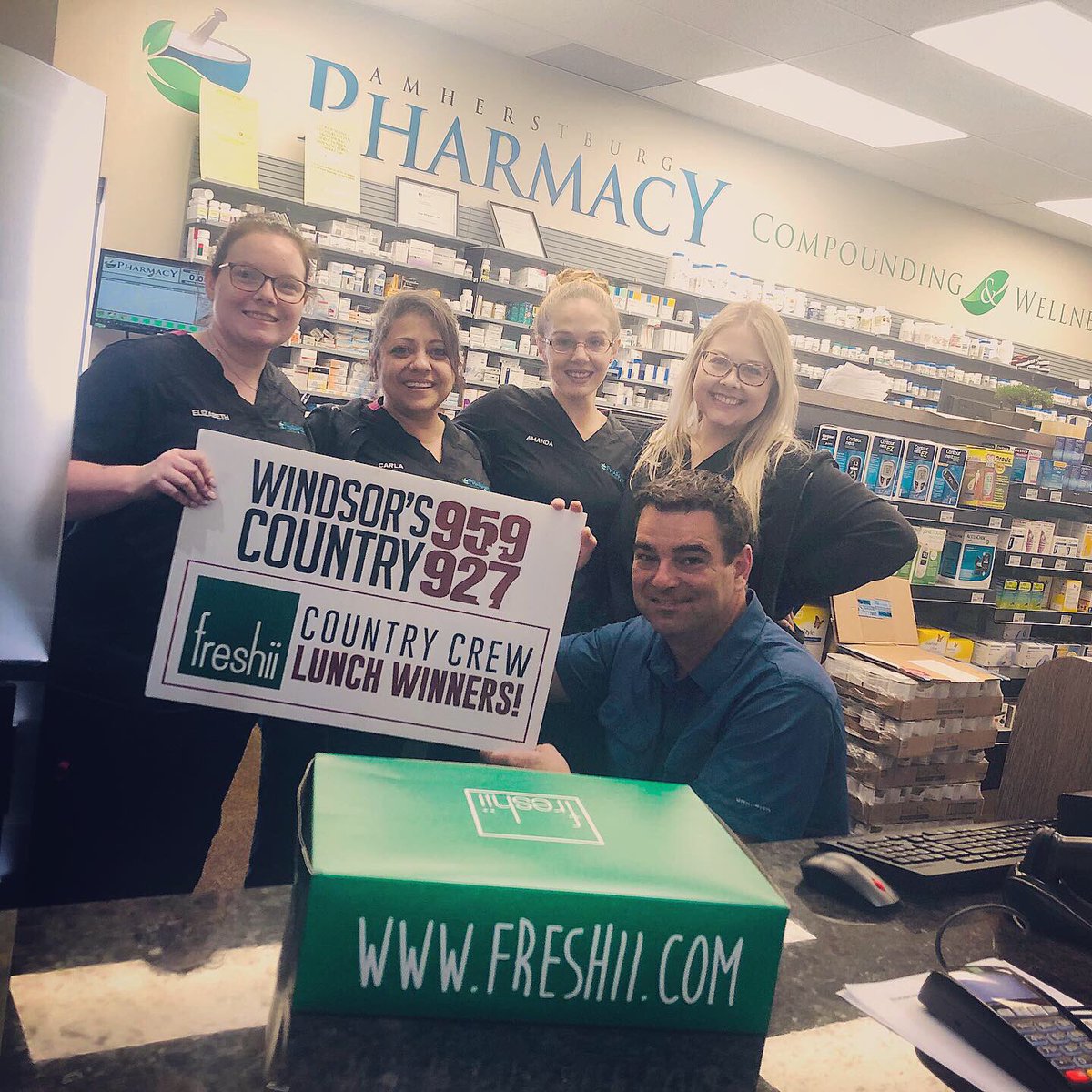 Country959's tweet photo. Congrats Elizabeth (left) and the staff at Amherstburg Pharmacy Compounding and Wellness, this week’s #CountryCrew! Thank you also to Carla, Amanda, Jackie, and Kevin for explaining what ‘compounding’ meant! 👍🏻This plaza is taking on NEW patients! @freshii @Aburg_TownHall https://t.co/gBLxhaM4GP