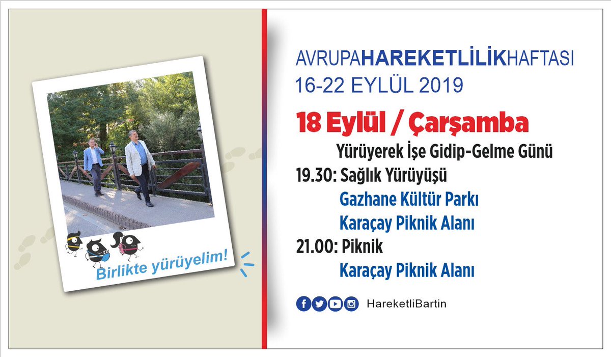 Bartın Belediyesi Avrupa Hareketlilik Haftası 18 Eylül Etkinlikleri

Tüm halkımız davetlidir.
#AvrupaHareketlilikHaftası #mobilityweek #walkwithus #birlikteyürüyelim #cemalakın #bartınbelediyesi