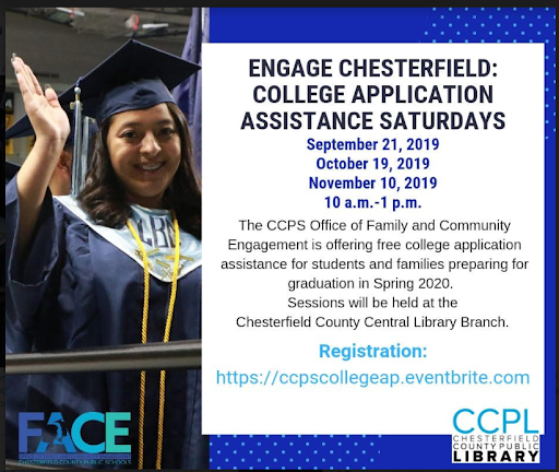 LCB_Counseling's tweet photo. Not sure where to start with College Applications? Attend one of the following Engage Chesterfield: College Application Assistance Saturdays at the Chesterfield County Central Library! See flyer below for details on how to register. https://t.co/e20rXJSW7L