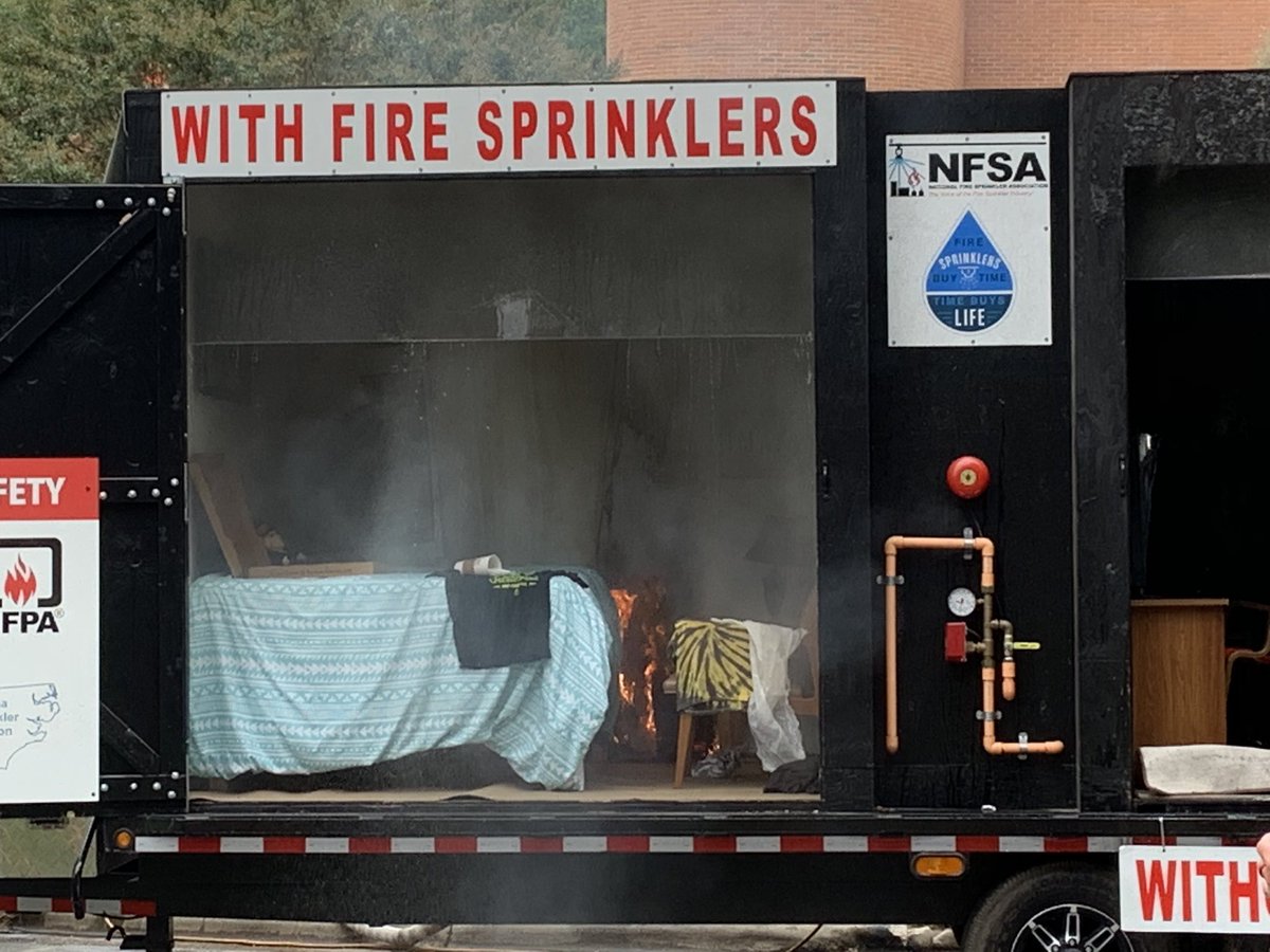 NC_OSFM's tweet photo. Wow! This is what can happen if a fire breaks out in a dorm room that doesn’t have sprinklers! Commissioner Causey &amp; @cityofwsfire firefighters set fire to a mock dorm room at @WakeForest to show how sprinkler systems in college dorm rooms can save lives! #CampusFireSafetyMonth https://t.co/mjtmNtYr6M