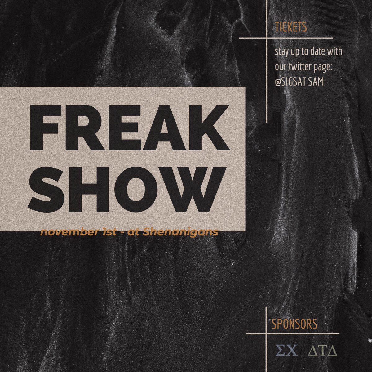 SigsAtSam's tweet photo. Mark you calendars! FREAK SHOW IS BACK! November 1st at Shenanigans! Tickets and more info will be coming out soon! We are excited to be teaming up with @SHSU_DELTS! 👻 https://t.co/BRgHcWKgVq