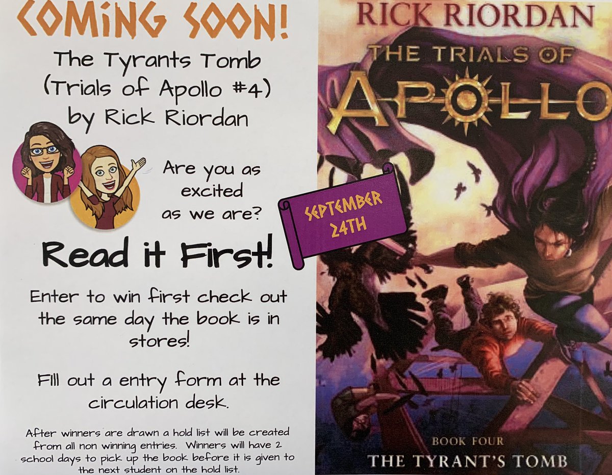 Are you a Rick Riordan fan?  The next book in the “Trials of Apollo” series comes out 9/24 (next week!) Enter CHMS library’s “Read it First” contest and you could win first check out and take the book home the day the book is in stores! Come to the library to enter!