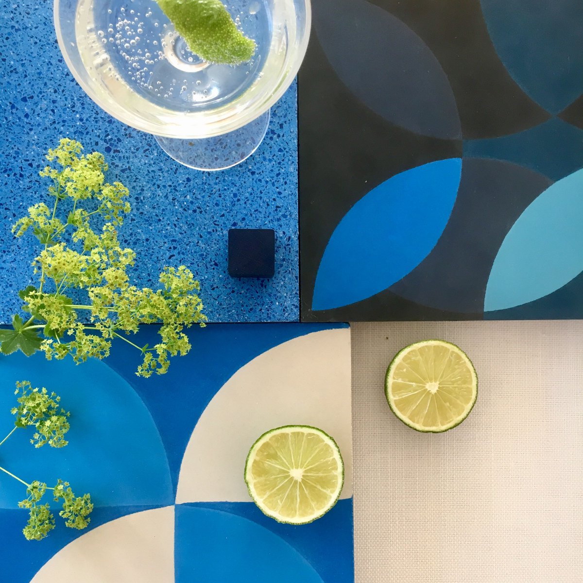 When your moodboard works with your drink of choice! Just look at the lime set off against the #skyblue. bit.ly/2If0gFN

#tileinspiration #walltiles #floortiles #homedecor #kitchendesign #bathroomdesign #colourcombinations #limes