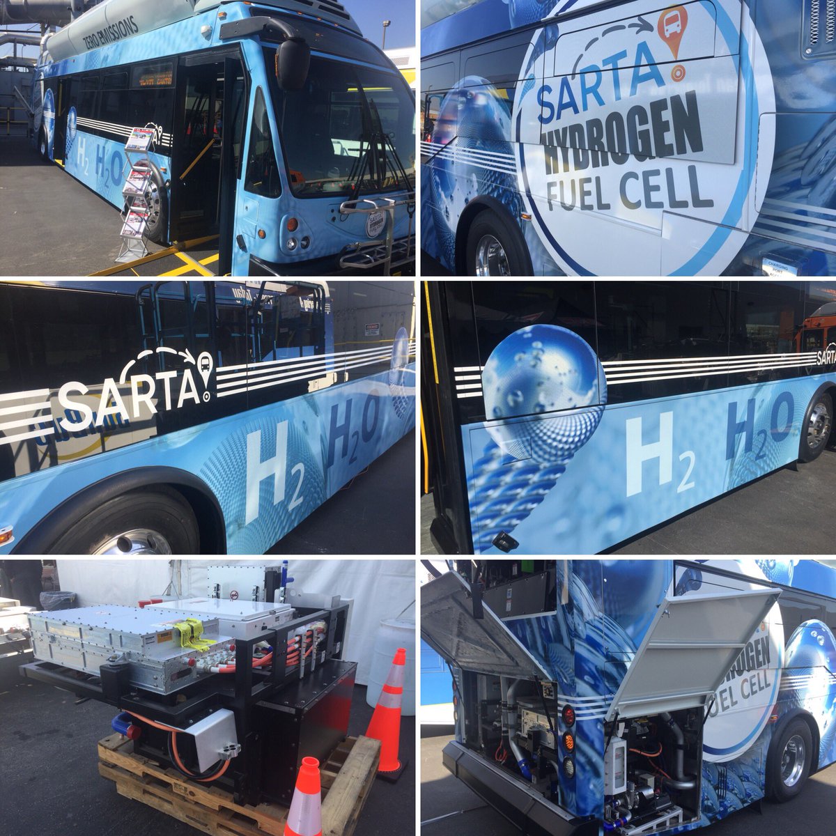 ANativeAngeleno's tweet photo. A closer look at one of the fuel cell electric buses on display at the ENC (formerly ElDorado National) open house.  This bus belongs to SARTA of Canton, Ohio. #TheOtherElectricBus #fuelcell https://t.co/xkJGrx9Lf7
