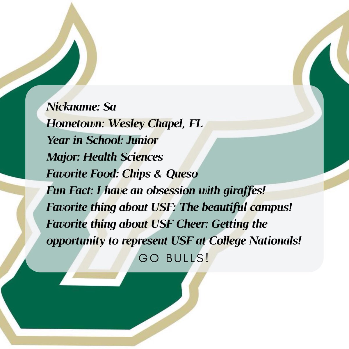 USFAllGirlCheer's tweet photo. Hey Bulls Fans! Get to know our cheerleader of the week, Alyssa! Alyssa is a third year cheerleader, sharing a little about herself and her USF Cheerleading experience! 💚💛 #USFAG https://t.co/7QZFEuj28w