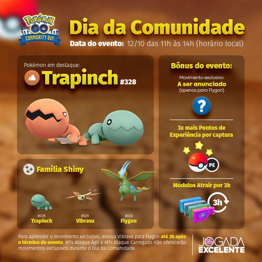 jogadaexcelente's tweet photo. Anunciado o Pokémon do próximo Dia da Comunidade: Trapinch! O evento terá bônus de 3x mais PE por captura, módulos atrair por 3 horas e movimento exclusivo para Flygon. O evento ocorre dia 12 de outubro das 11h às 14h! #pokemongo #pokemongobrasil #pokemongobr #pokemongopt https://t.co/bkxF5aAYf0