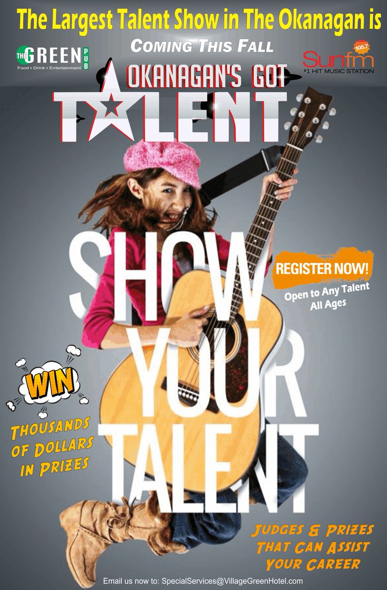 TIME IS RUNNING OUT TO SIGN UP FOR THE BIGGEST TALENT SHOW IN THE NORTH OKANAGAN!!  DEADLINE FOR ENTRIES IS SEPT 26!!

EMAIL
 specialservices@villagegreenhotel.com  TO ENTER!
#vernonbc #Okanagan #explorebc #explorevernon