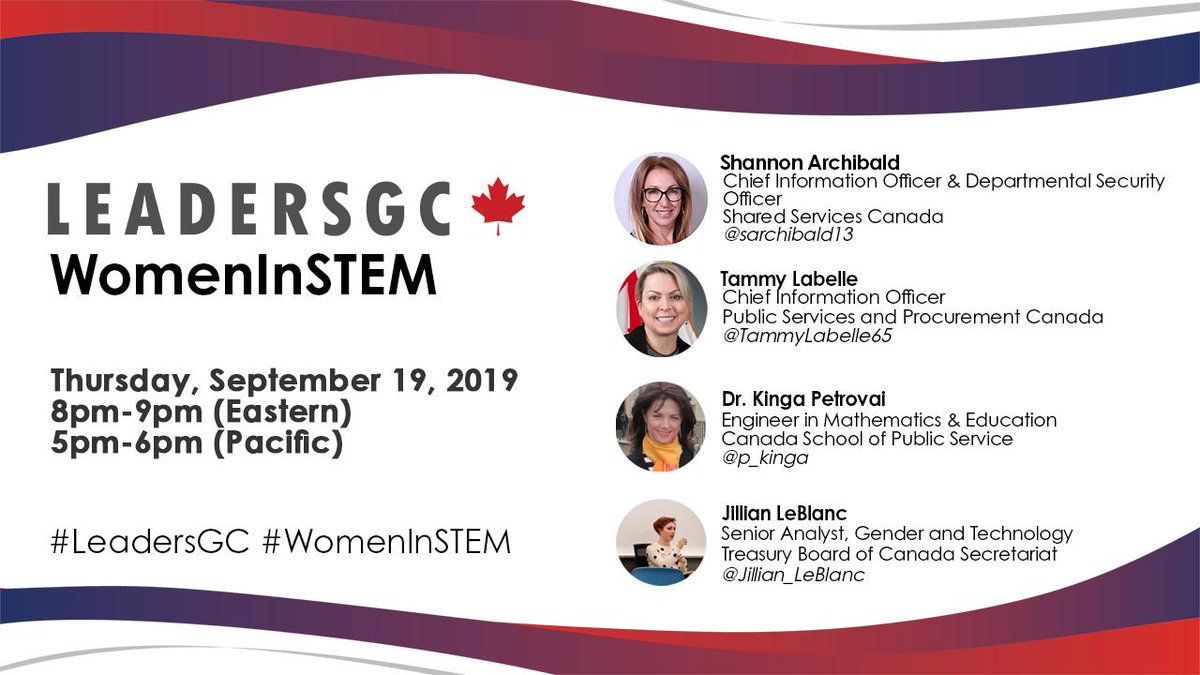 LeadersGC's tweet photo. Take a break from #CanadaVotes and join our chat on #WomenInSTEM, tomorrow at 8 pm ET! The #LeadersGC crew is happy to welcome 4 guests to kick off our 2019/20 season. #BackToChatting https://t.co/6LEkuMorWw