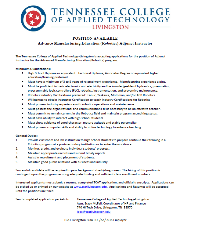 TCATLivingston's tweet photo. POSITION AVAILABLE
Advance Manufacturing Education (Robotics) Adjunct Instructor
For additional information and to complete an application go to https://t.co/Scq2lAJkQ7 https://t.co/Wun0Z6tCFo