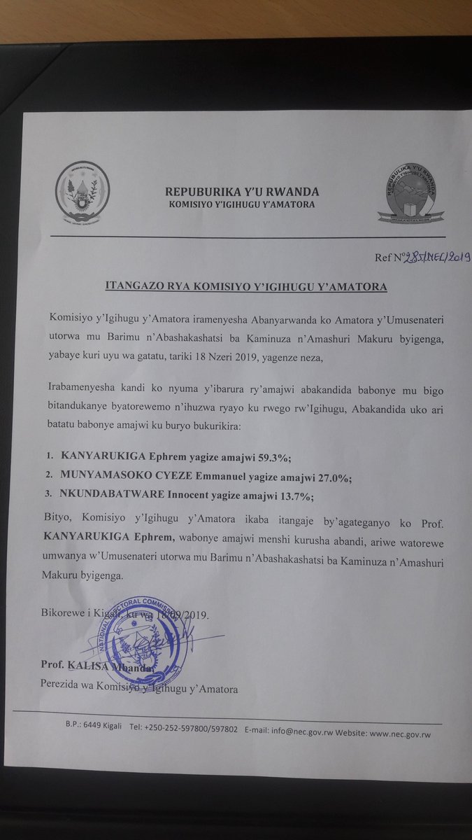 RwandaElections's tweet photo. #senatorialelection Prof. KANYARUKIGA Ephrem niwe senateri watowe muri za Kaminuza n'amashuri makuru yigenga. https://t.co/1U46qLh125