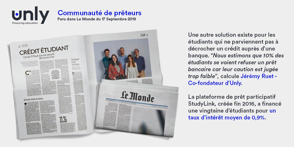 <a href="/lemondefr/">Le Monde</a> parle d'une des solutions de <a href="/UnlyEd/">Unly</a> : la plateforme de prêt participatif StudyLink.fr ✍️

👋 <a href="/sid_estp/">ESTP Alumni</a>, <a href="/ItechLyon/">ITECH LYON</a> &amp; <a href="/ESME_Alumni/">ESME Alumni</a> qui utilisent la plateforme pour permettre aux alumnis d'aider financièrement les nouveaux étudiants !

bit.ly/2mlz9Dv