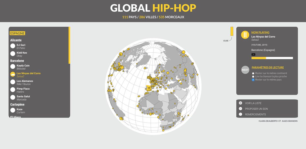 Jules Grandin (@julesgrandin) on Twitter photo J'écoute du rap espagnol depuis ce matin et c'est vraiment 🔥
Toi aussi pars à la découverte du rap mondial grâce Global Hip-Hop, la radio cartographique qu'on t'a concoctée avec amour et <a href="/claradealberto/">Clara Dealberto</a>
🌍 535 morceaux
🌏 286 villes
🌎 111 pays
⬇️⬇️
goumprod.com/global-hiphop/ J'écoute du rap espagnol depuis ce matin et c'est vraiment 🔥
Toi aussi pars à la découverte du rap mondial grâce Global Hip-Hop, la radio cartographique qu'on t'a concoctée avec amour et <a href="/claradealberto/">Clara Dealberto</a>
🌍 535 morceaux
🌏 286 villes
🌎 111 pays
⬇️⬇️
goumprod.com/global-hiphop/