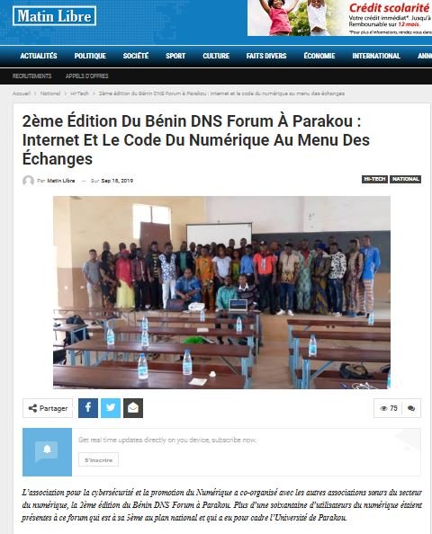 benindnsforum's tweet photo. Bjr #Twitter Merci de visiter notre compte pour les activités du #BéninDNSForum, l'édition 5 est en cours. Voici un article de presse du quotidien @MatinLibre qui soutient l'événement https://t.co/IaHaKzmulL. #BeninDNS @numeriquebenin @ICANN @lightbenin @Brao_OIF @OIFfrancophonie https://t.co/H4rbw6POZq