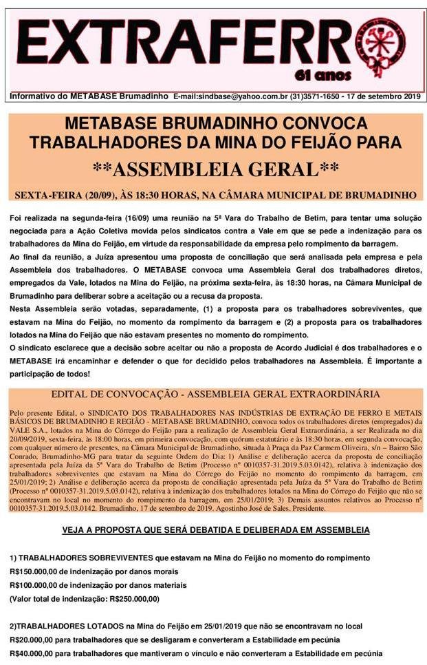 FTIEMG's tweet photo. O Metabase Brumadinho convoca os trabalhadores diretos da Vale que atuam na Mina do Feijão para uma assembleia geral, a ser realizada nesta sexta-feira (20), às 18h30, na Câmara Municipal de Brumadinho. Confira as informações no Extraferro: https://t.co/KFkEKBcg7k
