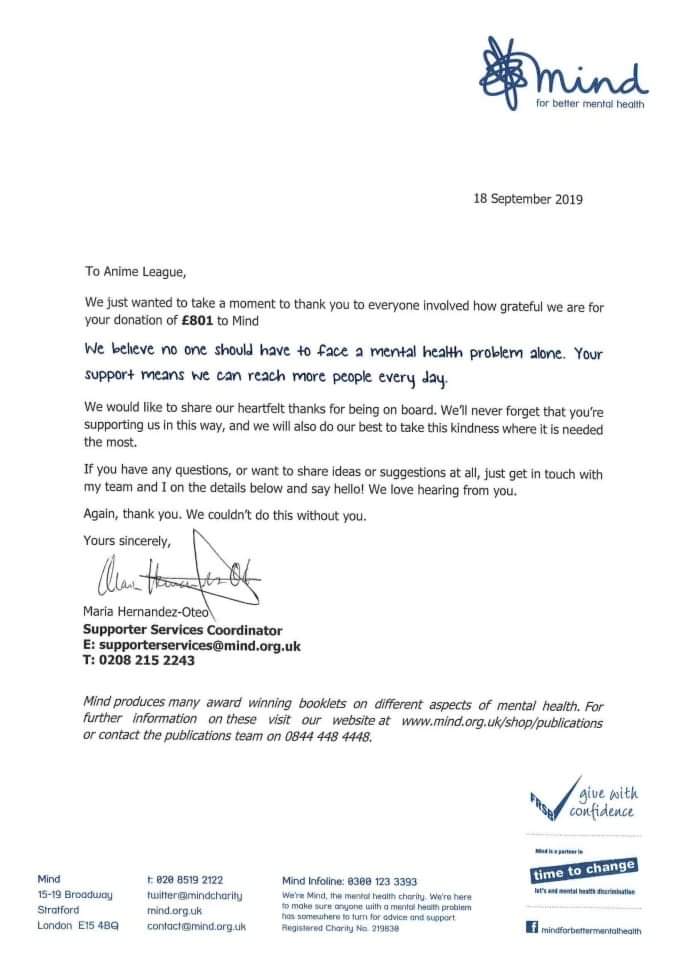 Alcon's tweet image. Letter arrived that @MindCharity received out donation. It couldnt have been raised without all our attendees help! #alconrevival